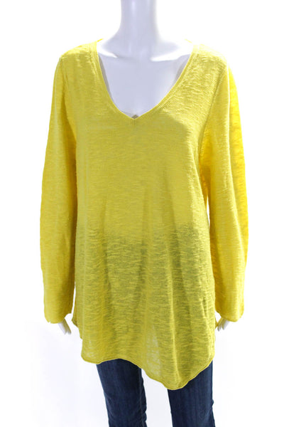 Eileen Fisher Womens 3/4 Sleeve V Neck Open Knit Sweater Yellow Linen Size XL