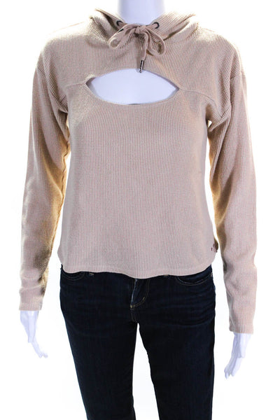 Philanthropy Womens Waffle Knit Cut Out Long Sleeve Hooded Top Beige Tan Size S