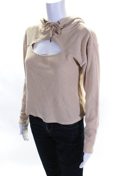 Philanthropy Womens Waffle Knit Cut Out Long Sleeve Hooded Top Beige Tan Size S