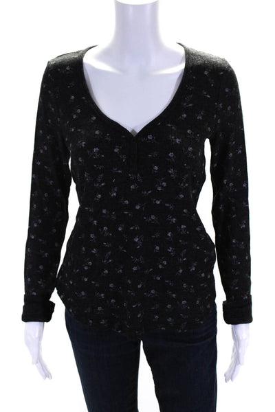 Michael Stars Womens Knit Floral Print Long Sleeve Henley Shirt Top Black Size S