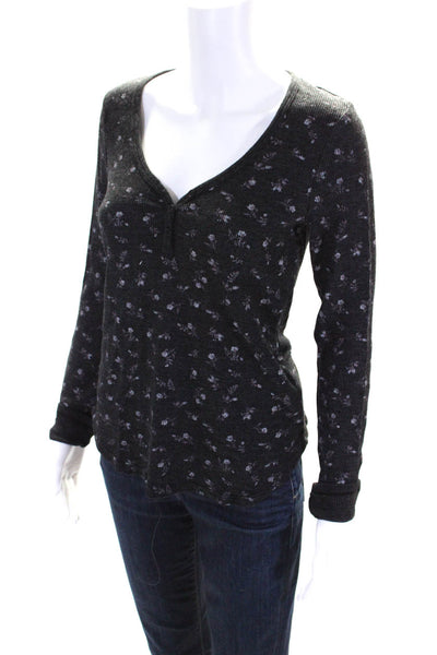 Michael Stars Womens Knit Floral Print Long Sleeve Henley Shirt Top Black Size S