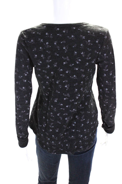 Michael Stars Womens Knit Floral Print Long Sleeve Henley Shirt Top Black Size S