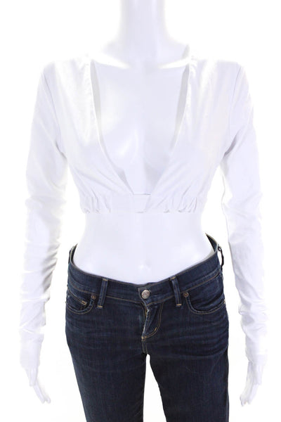 Superdown Womens Cotton Long Sleeve V-Neck Wrap Around Crop Top White Size S