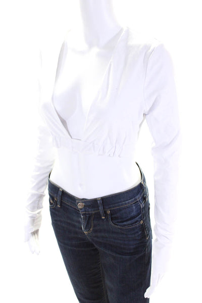 Superdown Womens Cotton Long Sleeve V-Neck Wrap Around Crop Top White Size S