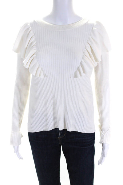 Tularosa Womens Ruffled Trim Long Sleeve Crewneck Tight Knit Top White Size S