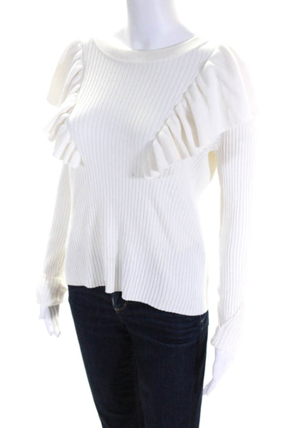 Tularosa Womens Ruffled Trim Long Sleeve Crewneck Tight Knit Top White Size S