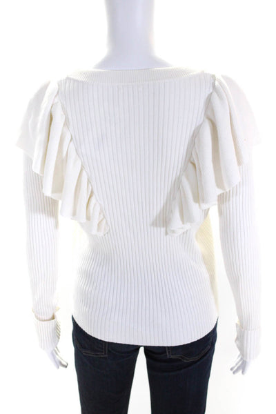 Tularosa Womens Ruffled Trim Long Sleeve Crewneck Tight Knit Top White Size S