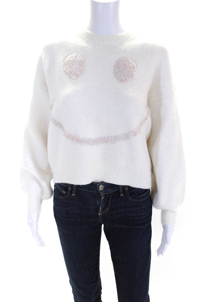 Storia Womens Thick Knit Smile Face Embroidery Crewneck Sweater Top White Size S