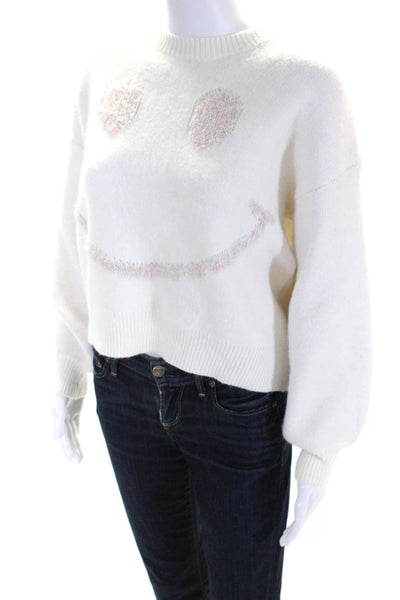 Storia Womens Thick Knit Smile Face Embroidery Crewneck Sweater Top White Size S