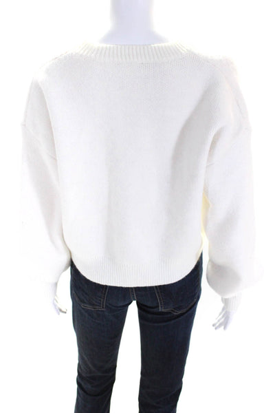 Storia Womens Thick Knit Smile Face Embroidery Crewneck Sweater Top White Size S