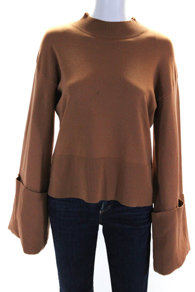 525 Womens Thin Knit Long Bell Sleeve Cuffed Mock Neck Shirt Top Brown Size S