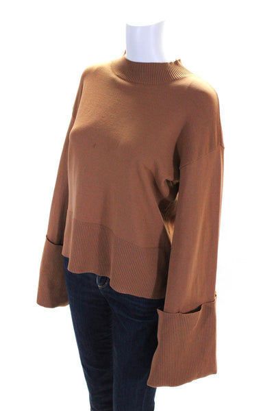 525 Womens Thin Knit Long Bell Sleeve Cuffed Mock Neck Shirt Top Brown Size S