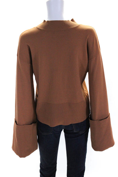 525 Womens Thin Knit Long Bell Sleeve Cuffed Mock Neck Shirt Top Brown Size S