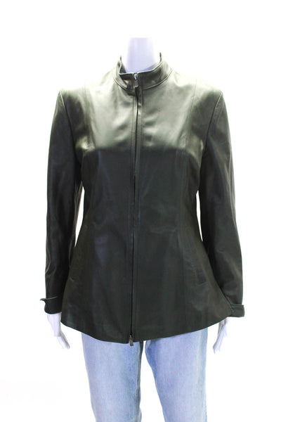 Punto Pelle Roma Womens Long Sleeves Full Zip Pockets Leather Jacket Green Size