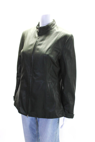 Punto Pelle Roma Womens Long Sleeves Full Zip Pockets Leather Jacket Green Size