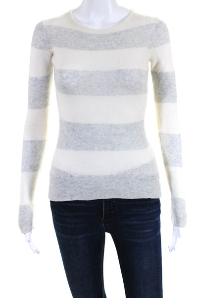 Minnie Rose Womens Cashmere Striped Crew Neck Sweater White Grey Size Small