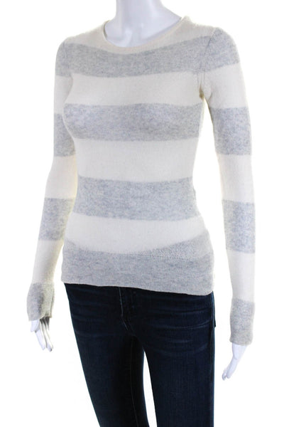 Minnie Rose Womens Cashmere Striped Crew Neck Sweater White Grey Size Small