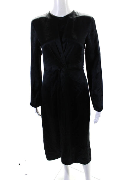 Vince Womens Silk Ruched Back Zipped Long Sleeve Midi Dress Black Size 2