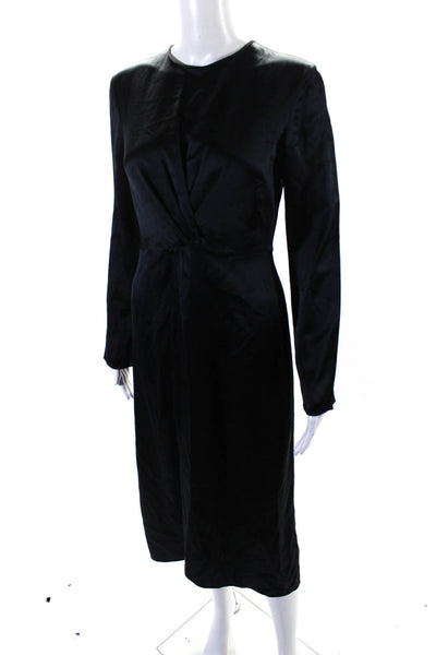 Vince Womens Silk Ruched Back Zipped Long Sleeve Midi Dress Black Size 2