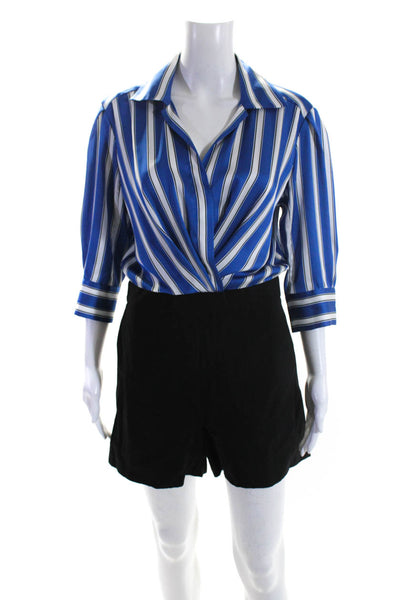 Sandro Womens Striped Satin 3/4 Sleeve Button Up Romper Black Blue Size FR 38