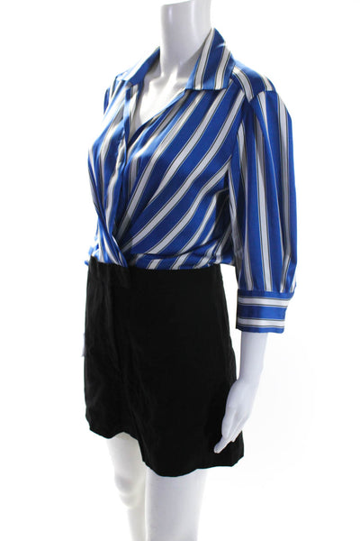 Sandro Womens Striped Satin 3/4 Sleeve Button Up Romper Black Blue Size FR 38