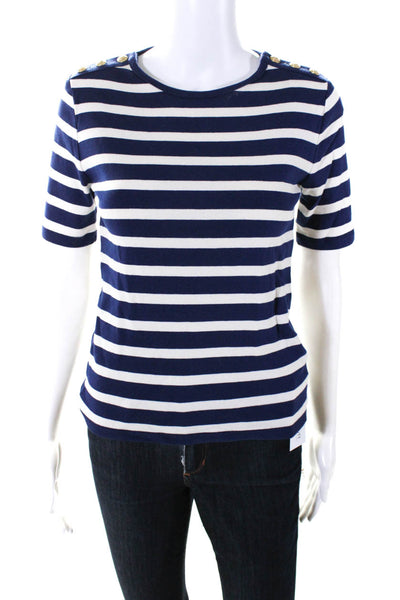 J Crew Womens Cotton Buttoned Short Sleeve Striped Tshirt Blue White Size S