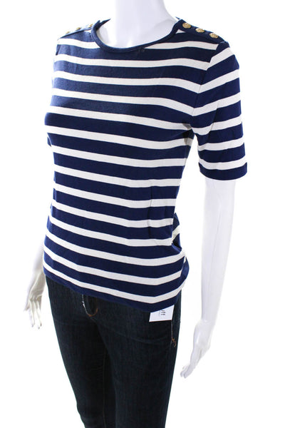 J Crew Womens Cotton Buttoned Short Sleeve Striped Tshirt Blue White Size S