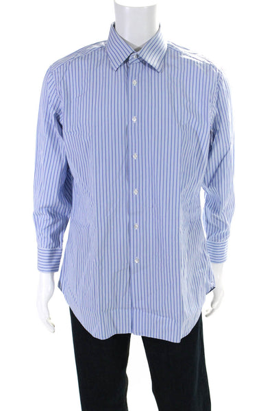 Brioni Mens Striped Print Buttoned Long Sleeve Collared Top Blue Size EUR41