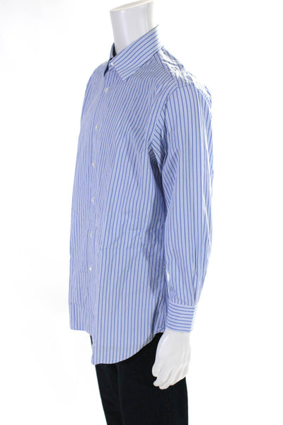 Brioni Mens Striped Print Buttoned Long Sleeve Collared Top Blue Size EUR41