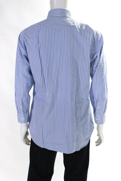 Brioni Mens Striped Print Buttoned Long Sleeve Collared Top Blue Size EUR41