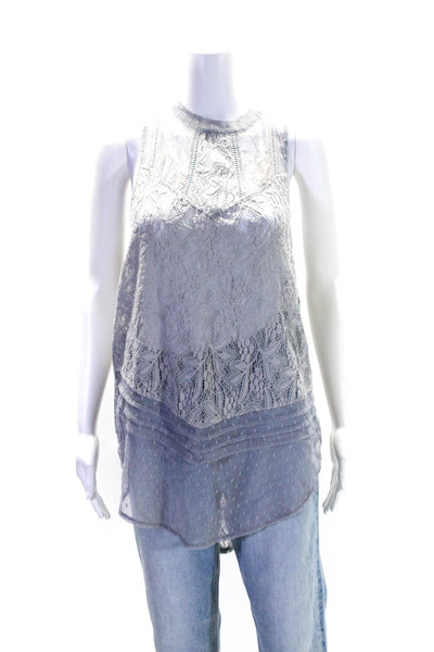 Free People Womens Mock Neck Sleeveless Lace Blouse Gray Size M