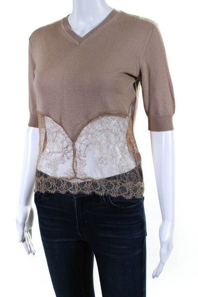 No21 Womens Lace Trim Short Sleeves Pullover V Neck Sweater Brown Size Small