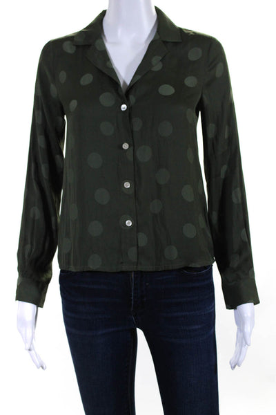 Madewell Womens Polka Dotted Buttoned Collared Long Sleeve Blouse Green Size 2XS