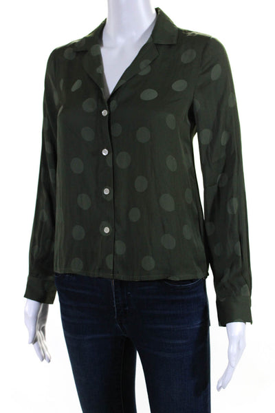 Madewell Womens Polka Dotted Buttoned Collared Long Sleeve Blouse Green Size 2XS