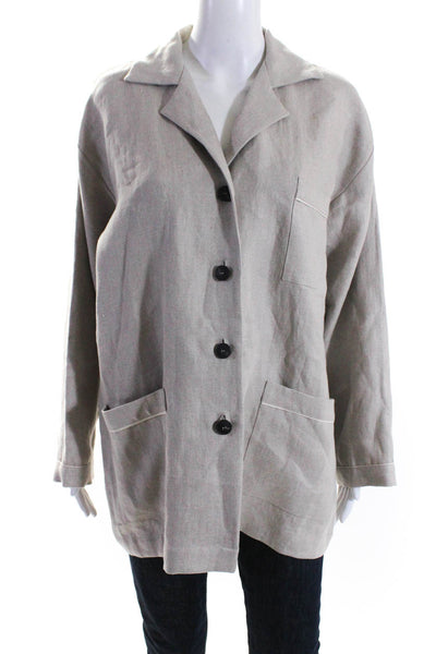 QL2 Women's Collared Long Sleeves Button Down Pockets Jacket Beige Size 42