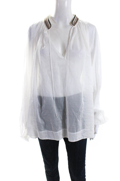 QL2 Women's Round Neck Long Sleeves Sheer Blouse White Size 42