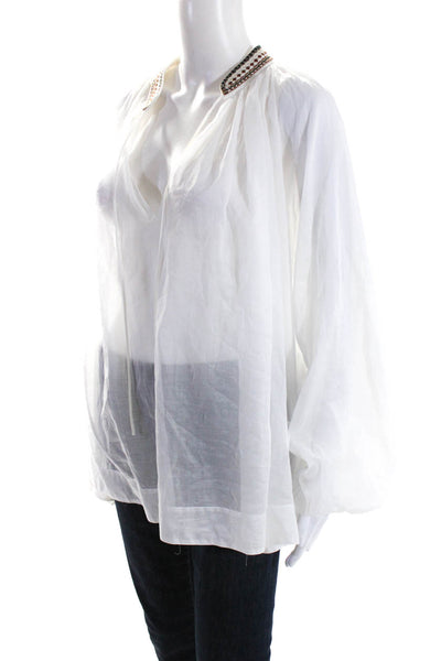 QL2 Women's Round Neck Long Sleeves Sheer Blouse White Size 42