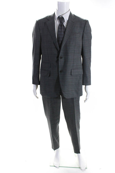 Richards Mens Wool Plaid Single Breasted Two Piece Suit Gray Size 54R