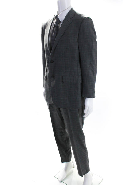 Richards Mens Wool Plaid Single Breasted Two Piece Suit Gray Size 54R