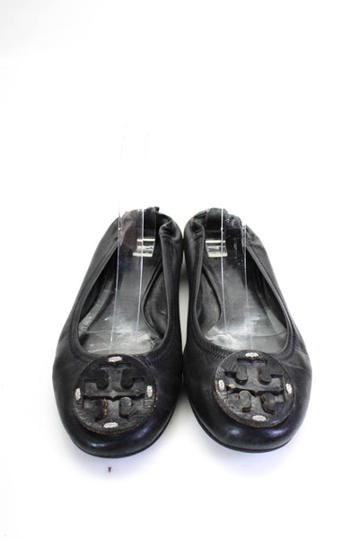 Tory Burch Womens Leather Medallion Ruche Round Toe Slip-On Flats Black Size 6.5