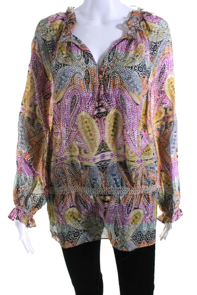 Robert Graham Womens Long Sleeve V Neck Silk Paisley Shirt Multicolored Size XS