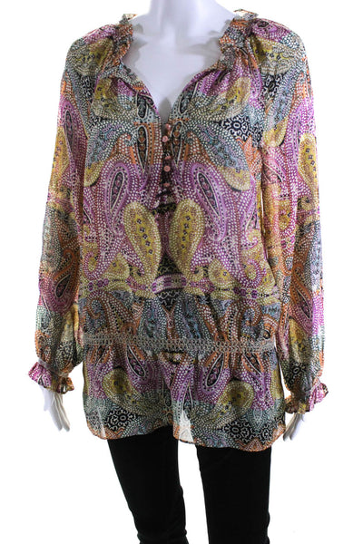 Robert Graham Womens Long Sleeve V Neck Silk Paisley Shirt Multicolored Size XS