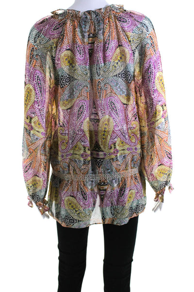 Robert Graham Womens Long Sleeve V Neck Silk Paisley Shirt Multicolored Size XS