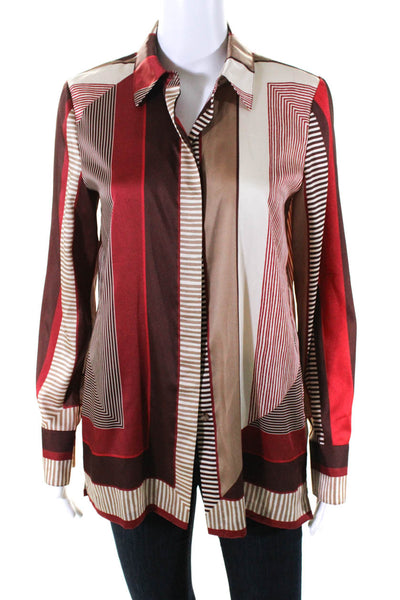 Lafayette 148 New York Womens Button Front Satin Striped Shirt Brown Red Small