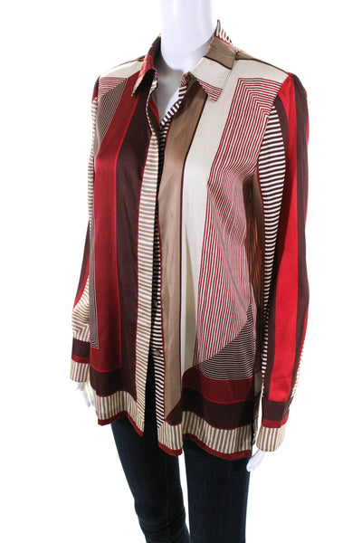 Lafayette 148 New York Womens Button Front Satin Striped Shirt Brown Red Small