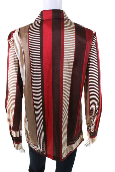 Lafayette 148 New York Womens Button Front Satin Striped Shirt Brown Red Small