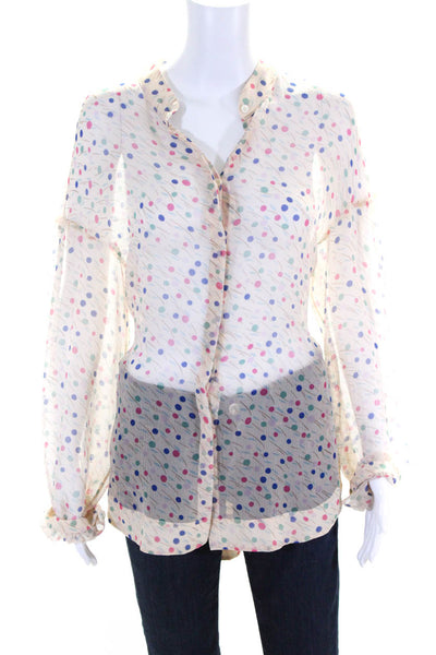 QL2 Women's Round Neck Long Sleeves Button Down Sheer Spotted Dot Blouse Size 42