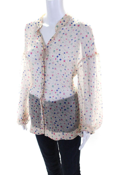 QL2 Women's Round Neck Long Sleeves Button Down Sheer Spotted Dot Blouse Size 42