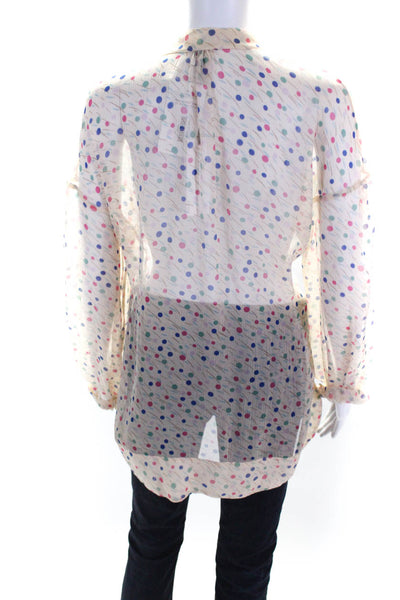 QL2 Women's Round Neck Long Sleeves Button Down Sheer Spotted Dot Blouse Size 42