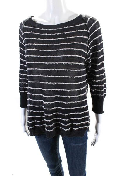 Inhabit Womens Cotton Striped Print Round Neck Long Sleeve Sweater Black Size S